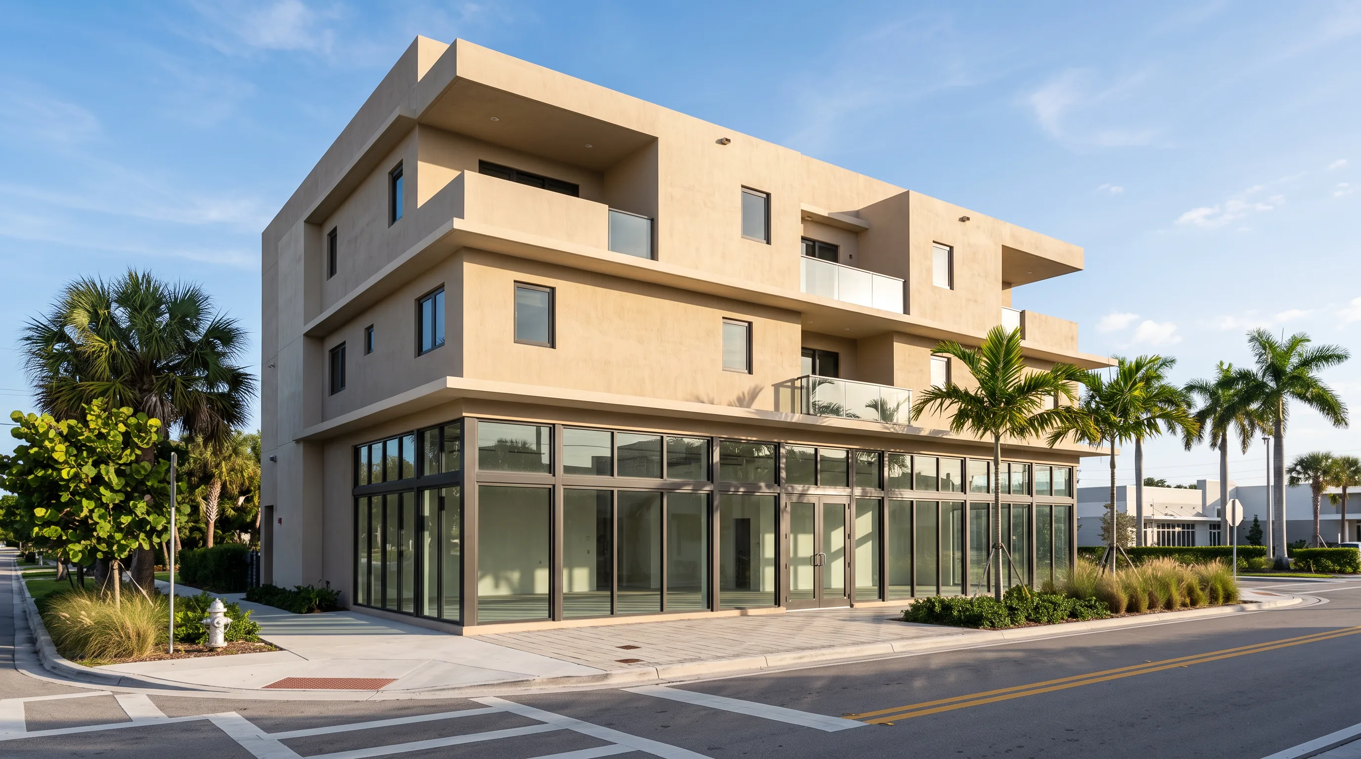 Small mixed-use building seen obliquely from the street in afternoon shadow