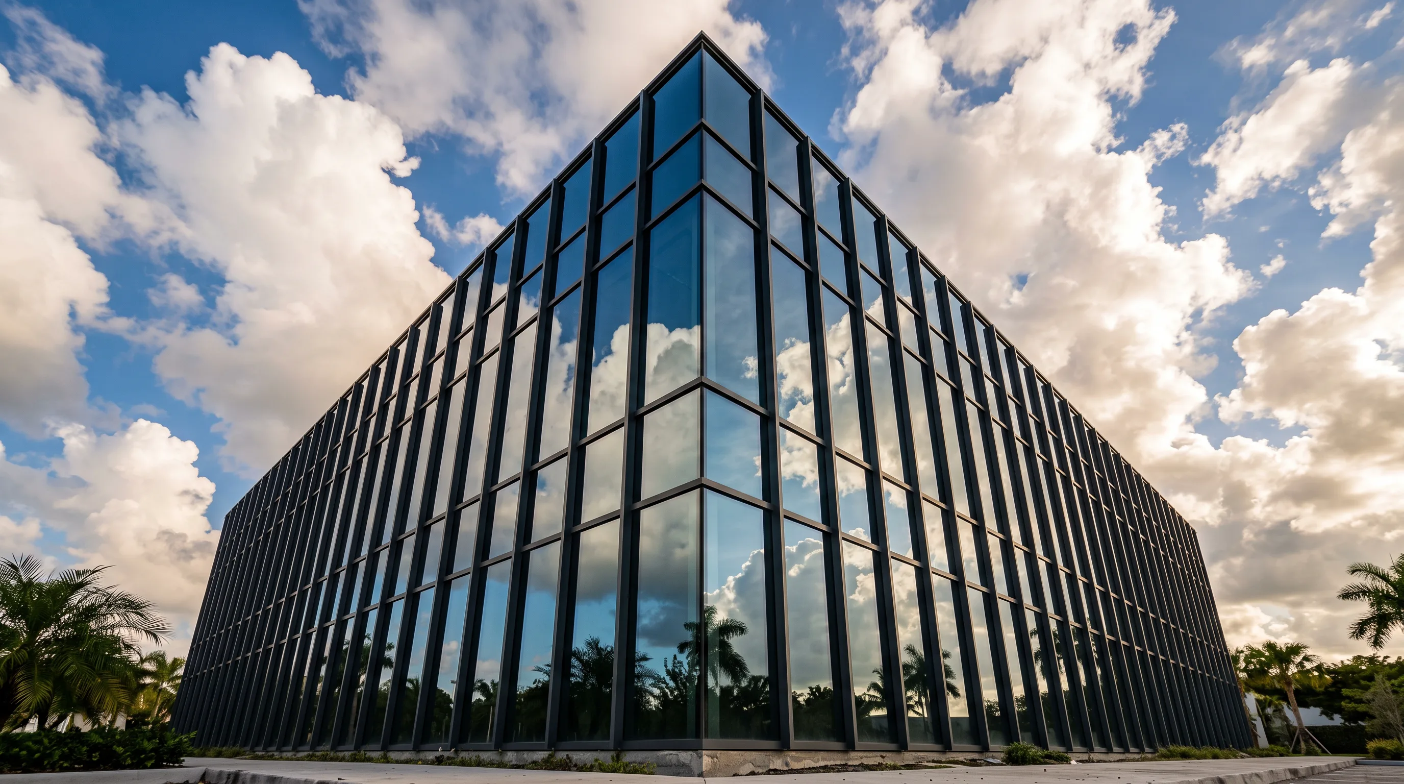 Curtain-wall office corner rising against a South Florida sky