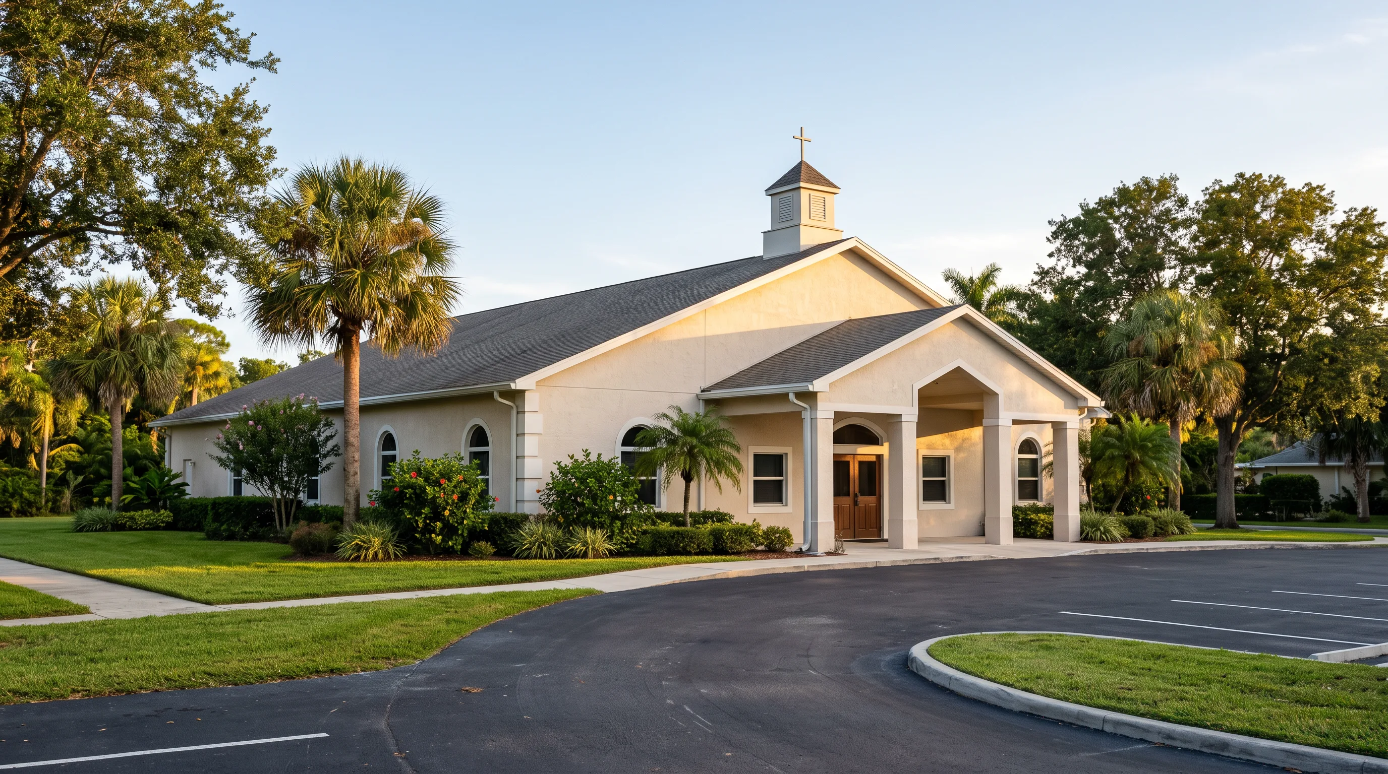 Modest congregation building with a covered entry and an empty forecourt under clear sky