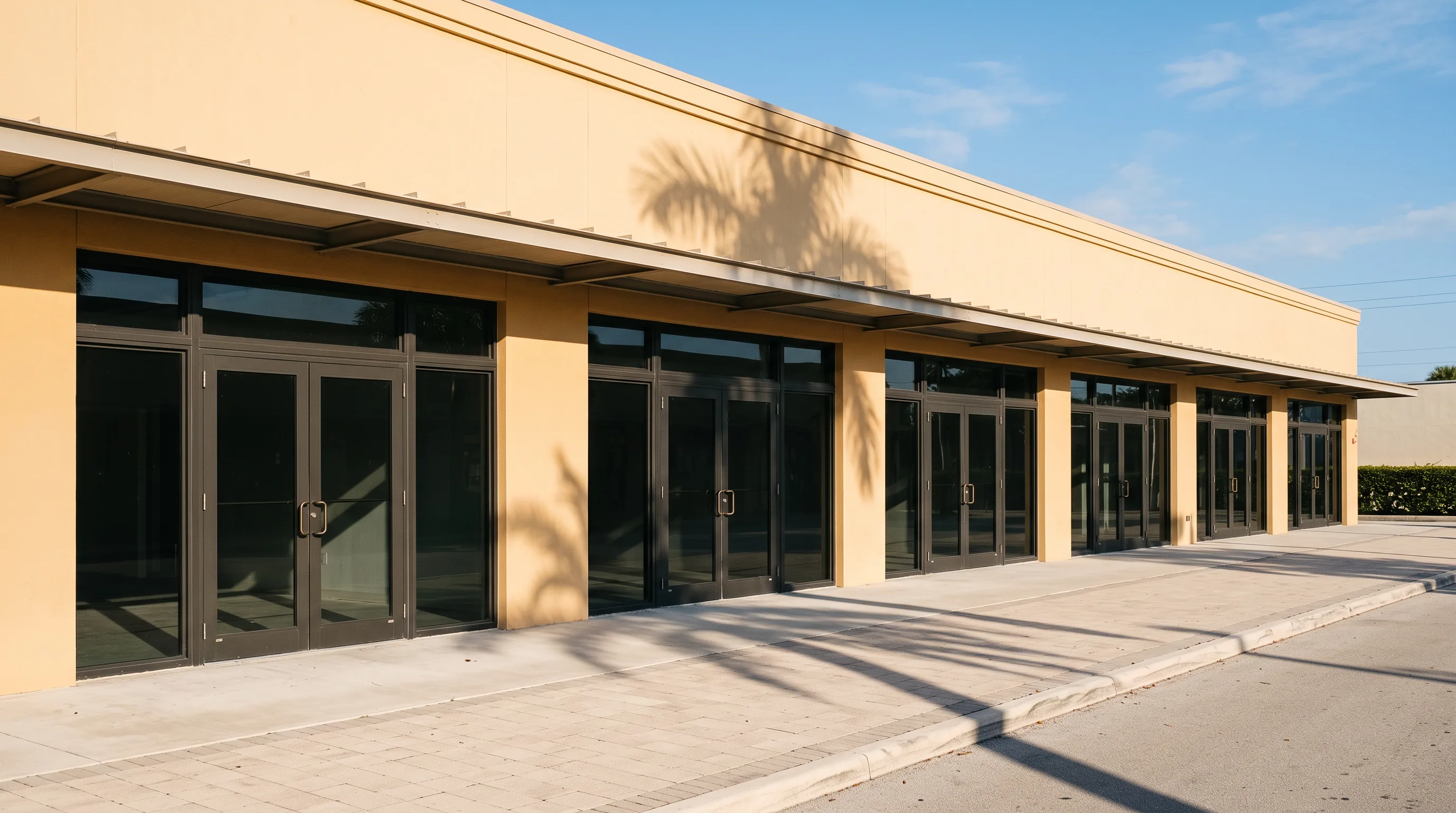Retail street frontage of glass storefront bays under a morning palm shadow
