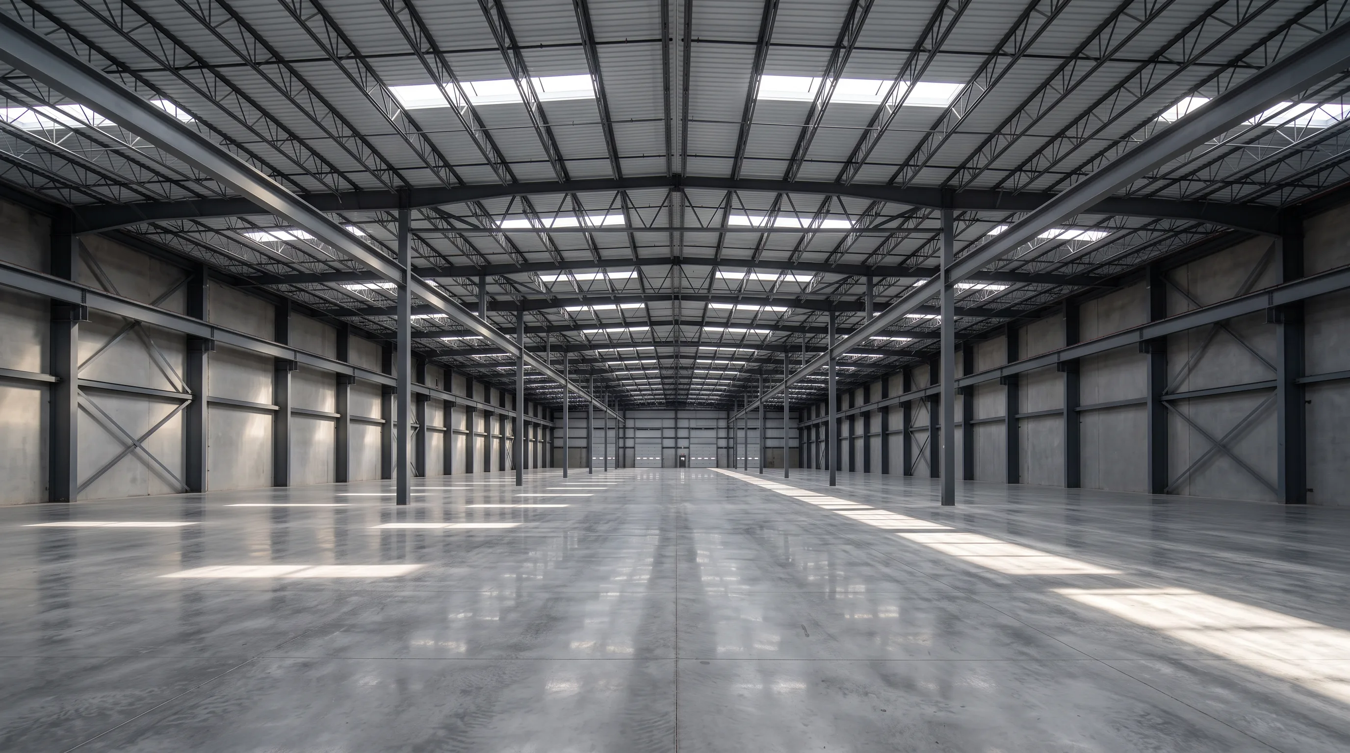 Clear-span warehouse interior with skylight shafts over an empty polished slab