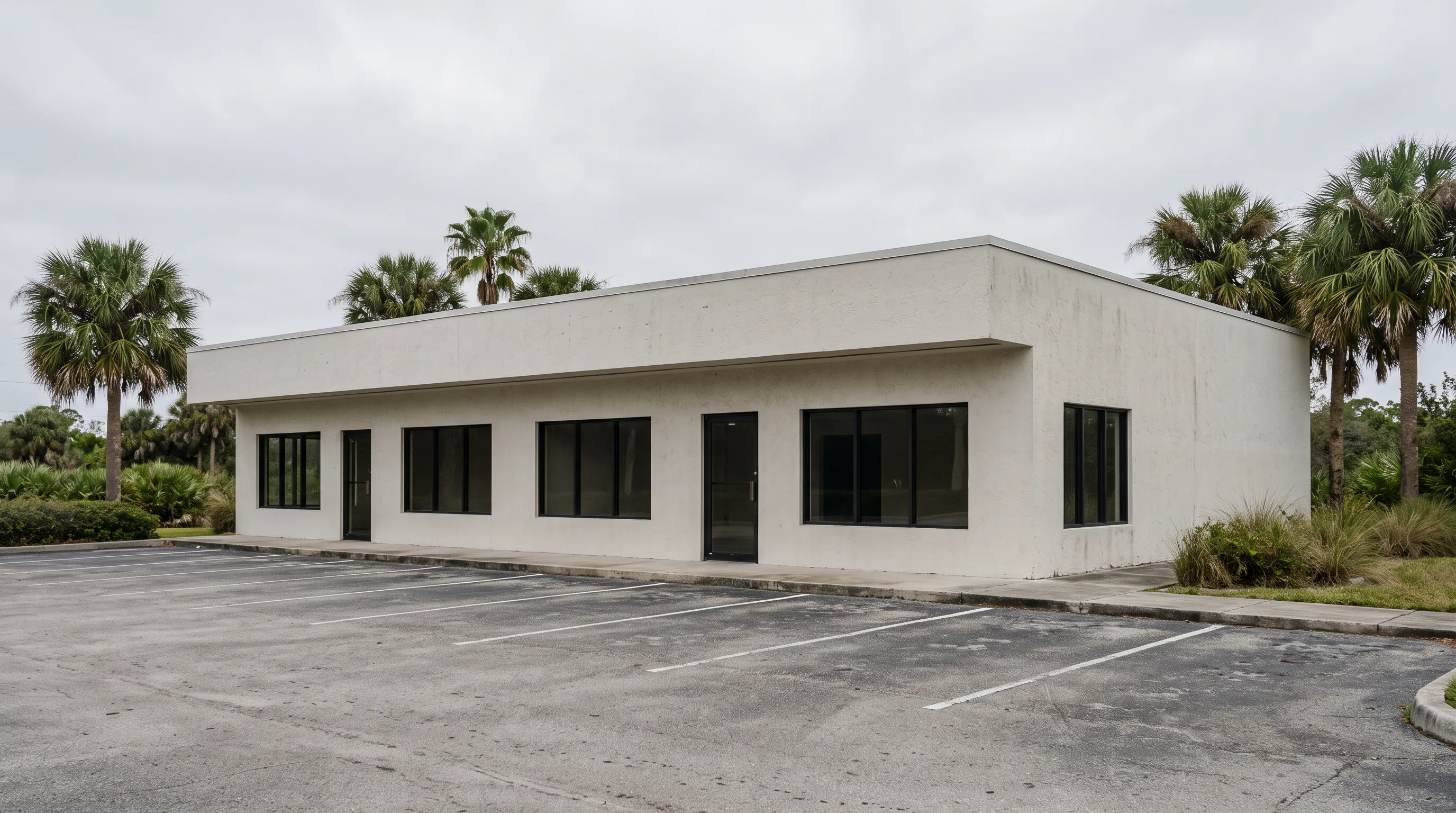 Vacant single-storey commercial building on an empty striped parking lot under overcast sky